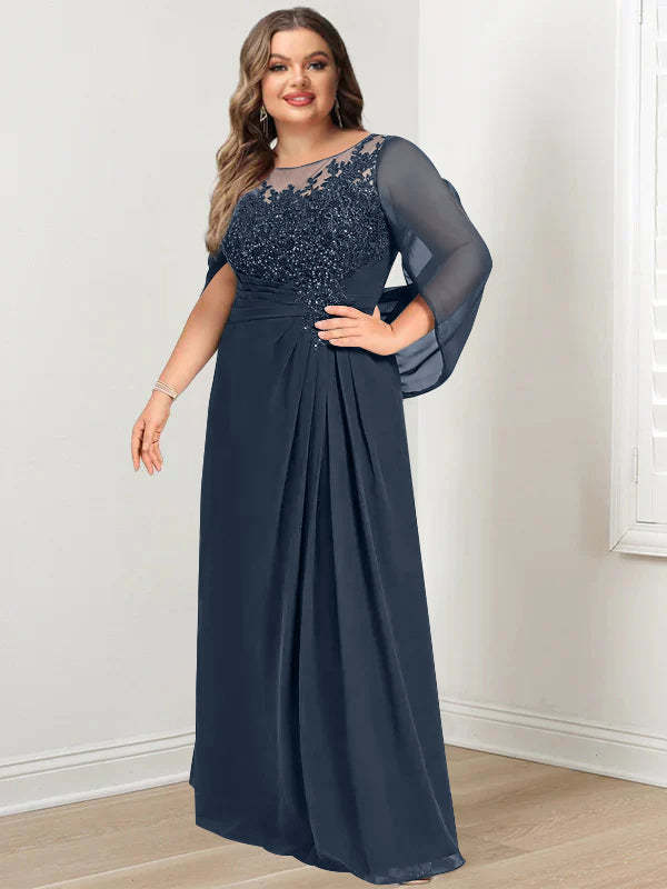 Plus Size Floor-Length Mother of the Bride A-Line Dress with Scoop Neckline Pleats and Sequins