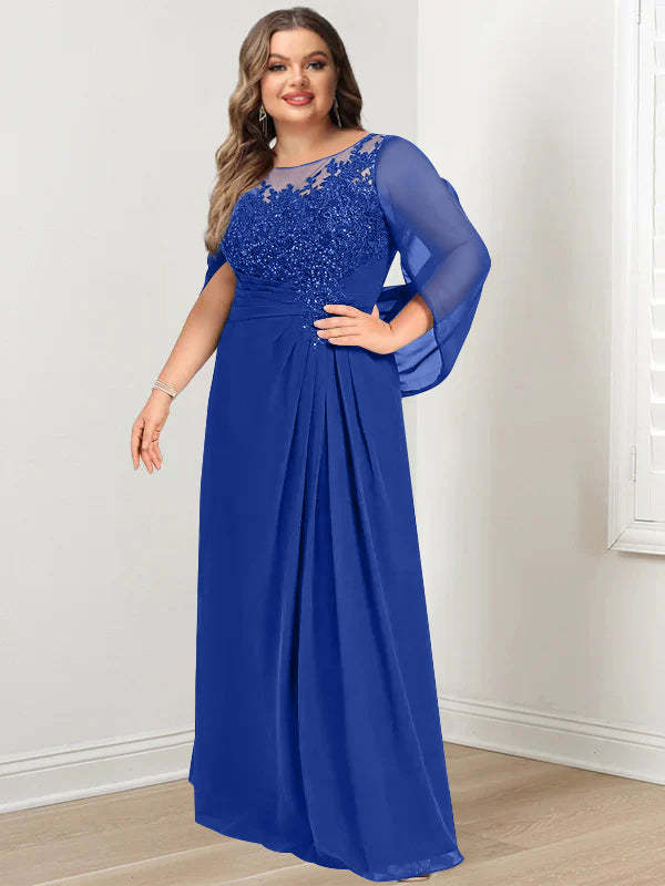 Plus Size Floor-Length Mother of the Bride A-Line Dress with Scoop Neckline Pleats and Sequins