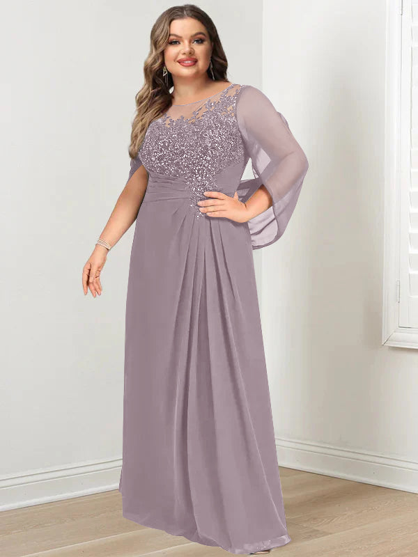 Plus Size Floor-Length Mother of the Bride A-Line Dress with Scoop Neckline Pleats and Sequins