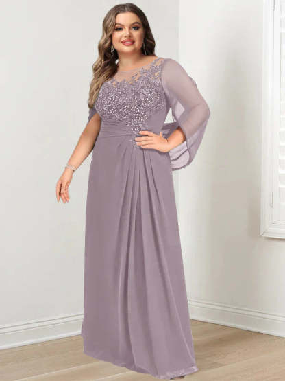 Plus Size Floor-Length Mother of the Bride A-Line Dress with Scoop Neckline Pleats and Sequins