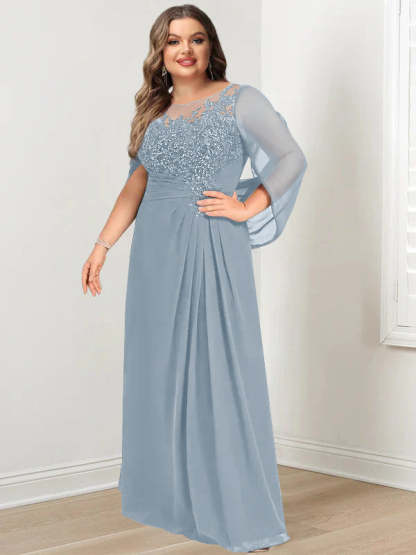 Plus Size Floor-Length Mother of the Bride A-Line Dress with Scoop Neckline Pleats and Sequins