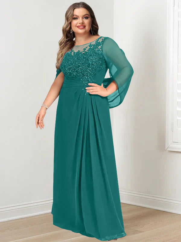 Plus Size Floor-Length Mother of the Bride A-Line Dress with Scoop Neckline Pleats and Sequins