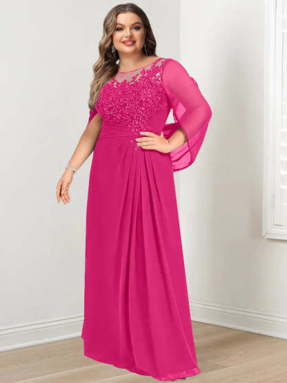 Plus Size Floor-Length Mother of the Bride A-Line Dress with Scoop Neckline Pleats and Sequins