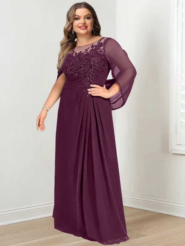 Plus Size Floor-Length Mother of the Bride A-Line Dress with Scoop Neckline Pleats and Sequins