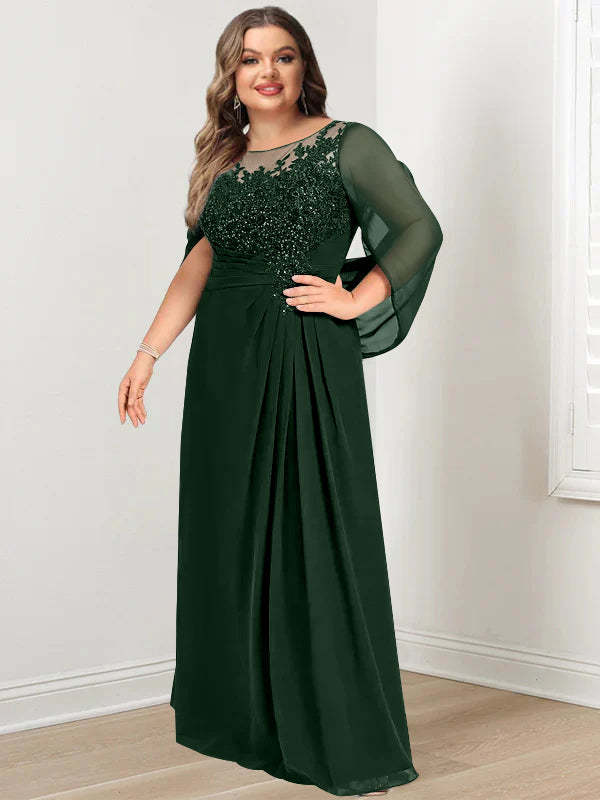 Plus Size Floor-Length Mother of the Bride A-Line Dress with Scoop Neckline Pleats and Sequins