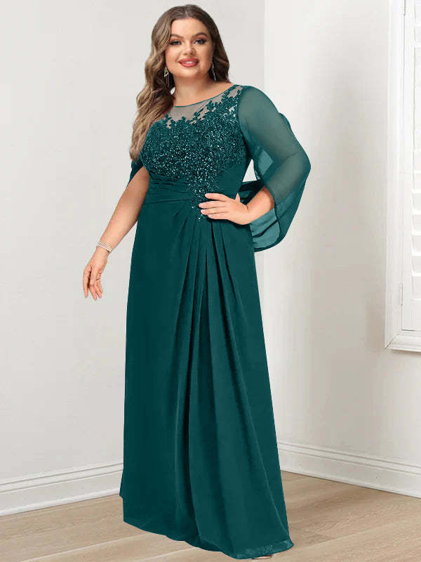 Plus Size Floor-Length Mother of the Bride A-Line Dress with Scoop Neckline Pleats and Sequins