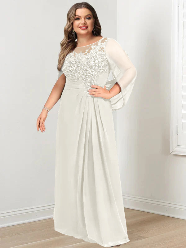 Plus Size Floor-Length Mother of the Bride A-Line Dress with Scoop Neckline Pleats and Sequins