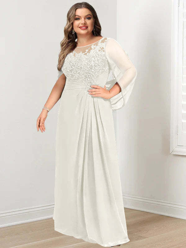 Plus Size Floor-Length Mother of the Bride A-Line Dress with Scoop Neckline Pleats and Sequins
