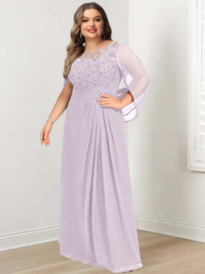 Plus Size Floor-Length Mother of the Bride A-Line Dress with Scoop Neckline Pleats and Sequins