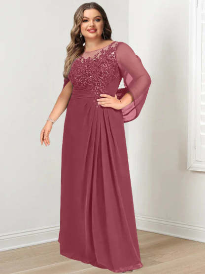 Plus Size Floor-Length Mother of the Bride A-Line Dress with Scoop Neckline Pleats and Sequins