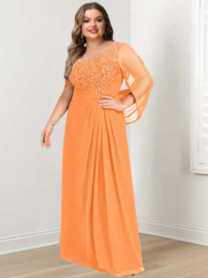 Plus Size Floor-Length Mother of the Bride A-Line Dress with Scoop Neckline Pleats and Sequins