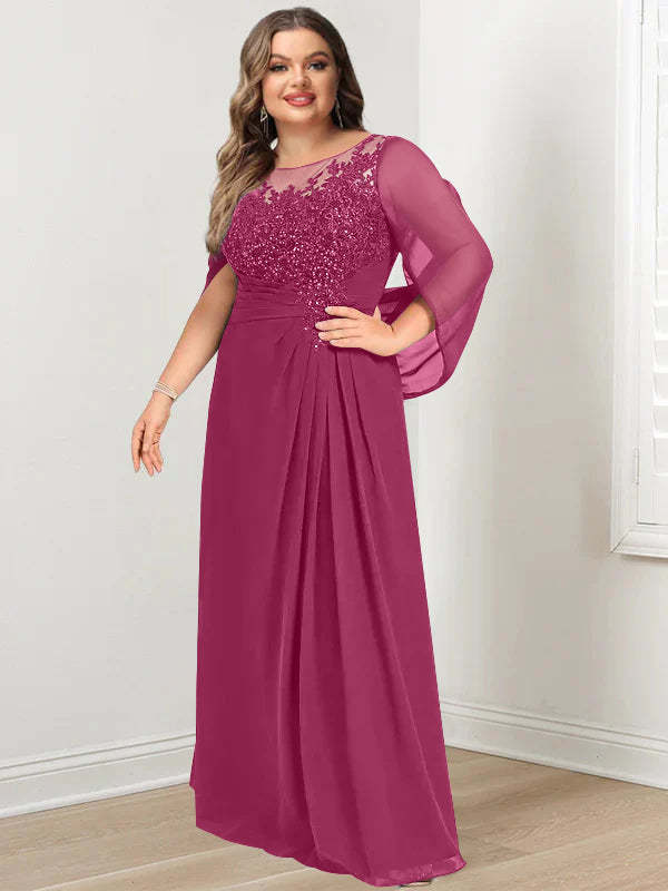 Plus Size Floor-Length Mother of the Bride A-Line Dress with Scoop Neckline Pleats and Sequins