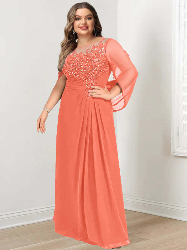 Plus Size Floor-Length Mother of the Bride A-Line Dress with Scoop Neckline Pleats and Sequins