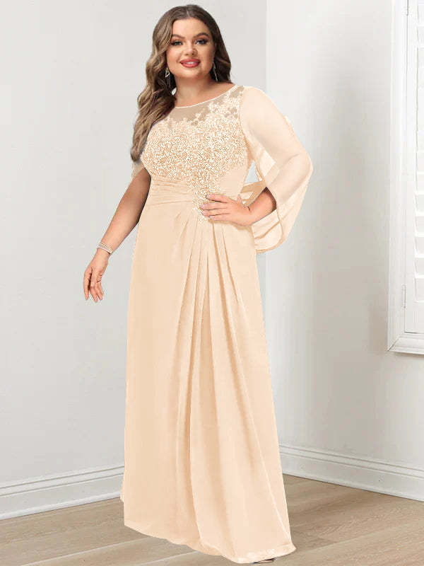Plus Size Floor-Length Mother of the Bride A-Line Dress with Scoop Neckline Pleats and Sequins