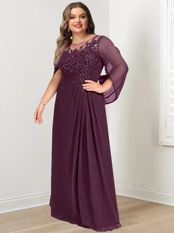 Plus Size Floor-Length Mother of the Bride A-Line Dress with Scoop Neckline Pleats and Sequins