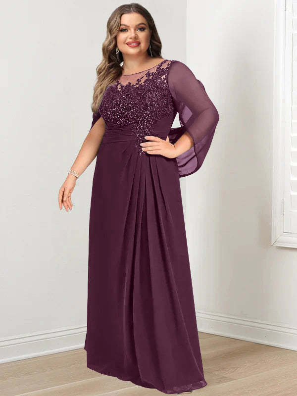 Plus Size Floor-Length Mother of the Bride A-Line Dress with Scoop Neckline Pleats and Sequins