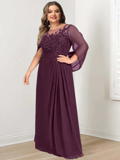 Plus Size Floor-Length Mother of the Bride A-Line Dress with Scoop Neckline Pleats and Sequins