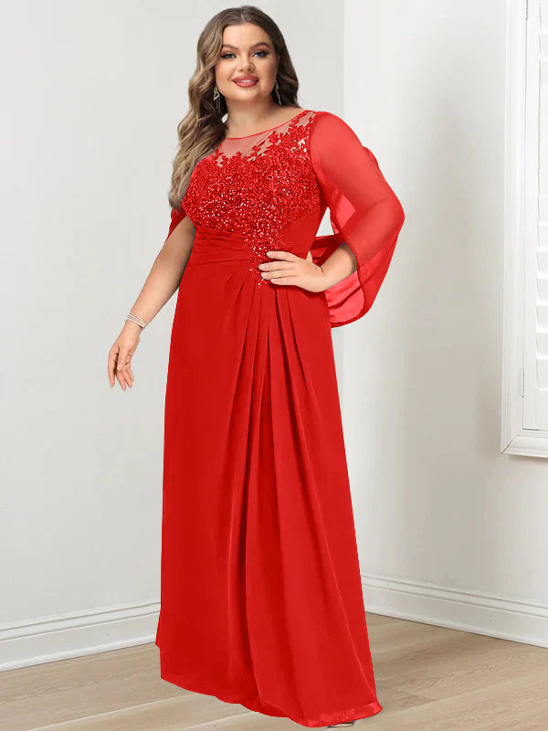 Plus Size Floor-Length Mother of the Bride A-Line Dress with Scoop Neckline Pleats and Sequins