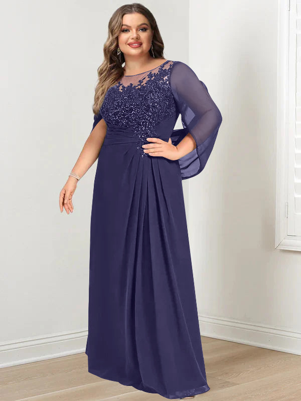 Plus Size Floor-Length Mother of the Bride A-Line Dress with Scoop Neckline Pleats and Sequins