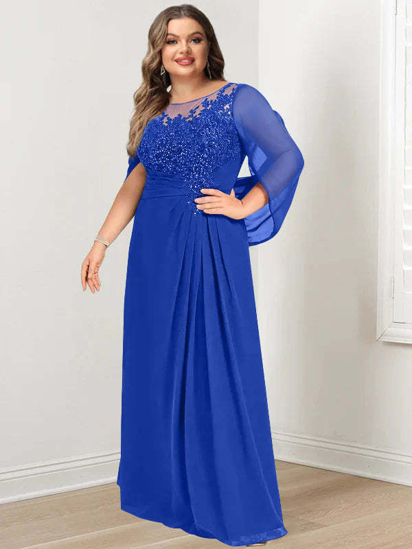 Plus Size Floor-Length Mother of the Bride A-Line Dress with Scoop Neckline Pleats and Sequins