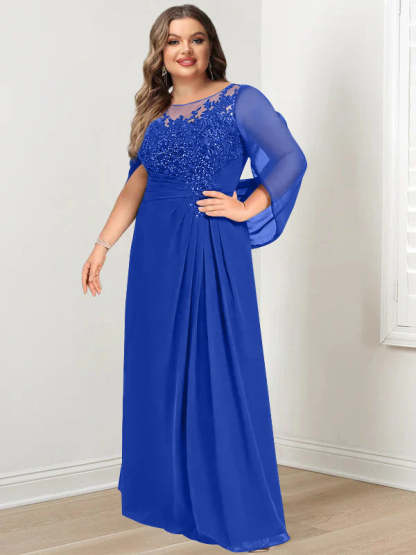 Plus Size Floor-Length Mother of the Bride A-Line Dress with Scoop Neckline Pleats and Sequins