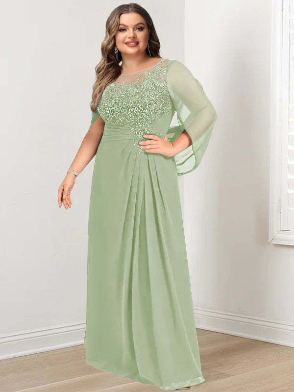 Plus Size Floor-Length Mother of the Bride A-Line Dress with Scoop Neckline Pleats and Sequins