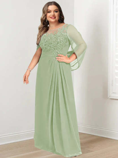 Plus Size Floor-Length Mother of the Bride A-Line Dress with Scoop Neckline Pleats and Sequins