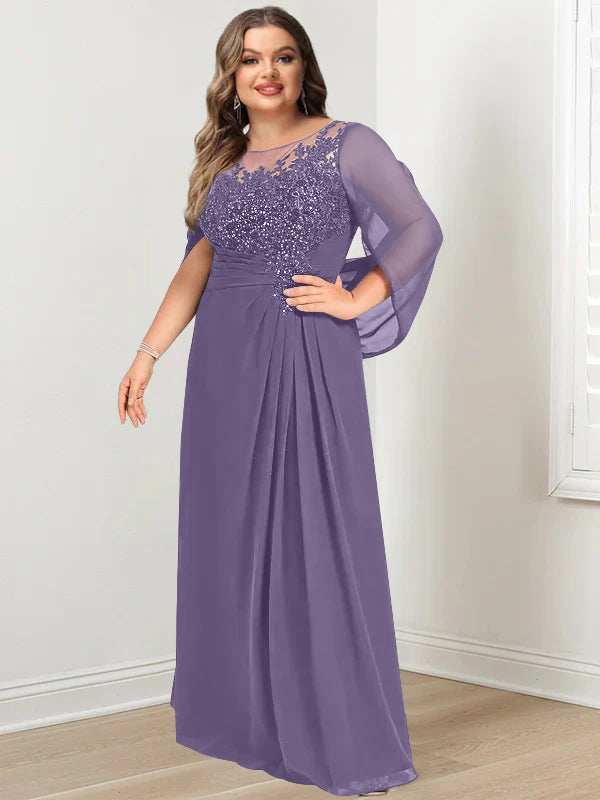 Plus Size Floor-Length Mother of the Bride A-Line Dress with Scoop Neckline Pleats and Sequins