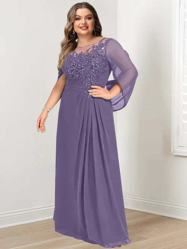 Plus Size Floor-Length Mother of the Bride A-Line Dress with Scoop Neckline Pleats and Sequins