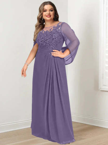 Plus Size Floor-Length Mother of the Bride A-Line Dress with Scoop Neckline Pleats and Sequins