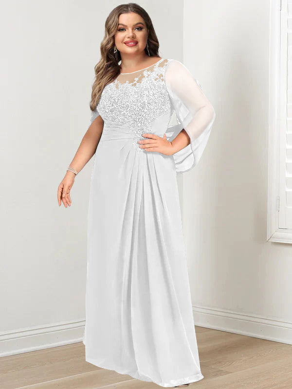 Plus Size Floor-Length Mother of the Bride A-Line Dress with Scoop Neckline Pleats and Sequins