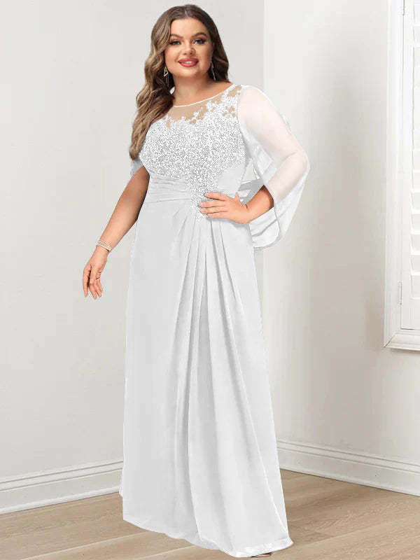 Plus Size Floor-Length Mother of the Bride A-Line Dress with Scoop Neckline Pleats and Sequins