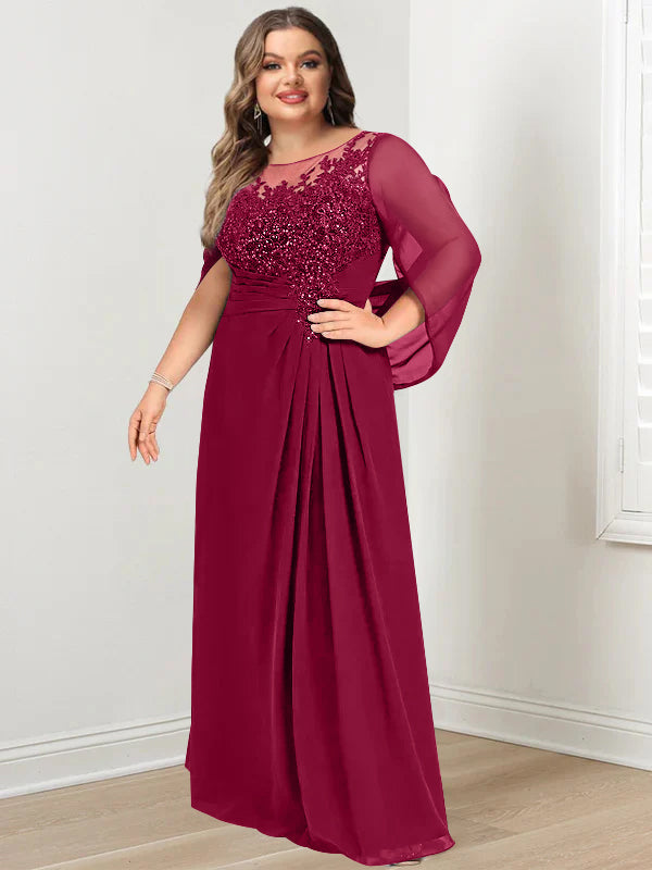 Plus Size Floor-Length Mother of the Bride A-Line Dress with Scoop Neckline Pleats and Sequins