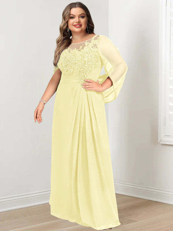 Plus Size Floor-Length Mother of the Bride A-Line Dress with Scoop Neckline Pleats and Sequins