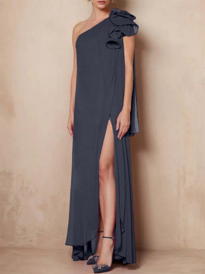 One-Shoulder Floor-Length A-Line Mother of the Bride Dress with Side Split