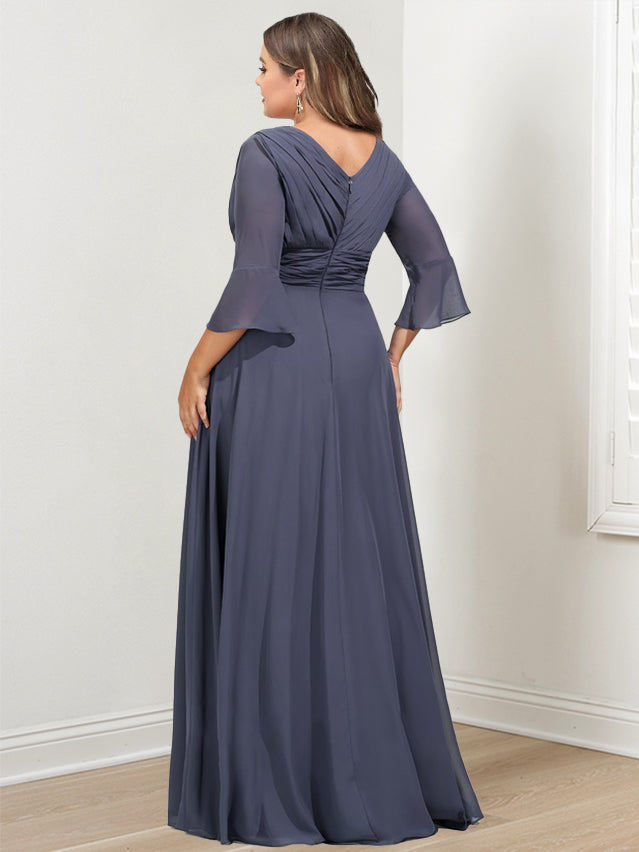 Plus Size V-Neck A-Line Mother of the Bride Dress with 3/4 Sleeves and Asymmetrical Ruffles