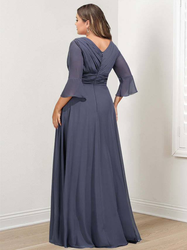 Plus Size V-Neck A-Line Mother of the Bride Dress with 3/4 Sleeves and Asymmetrical Ruffles