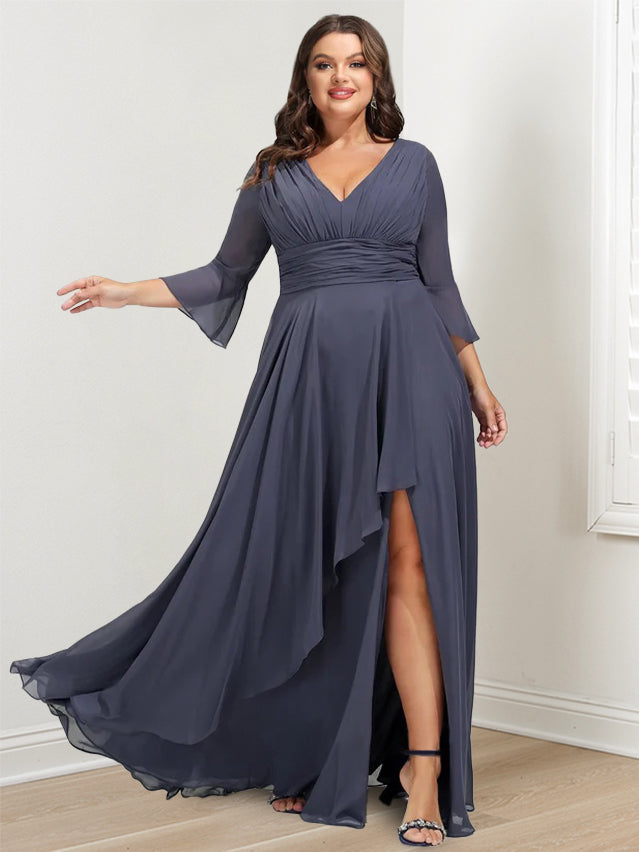 Plus Size V-Neck A-Line Mother of the Bride Dress with 3/4 Sleeves and Asymmetrical Ruffles