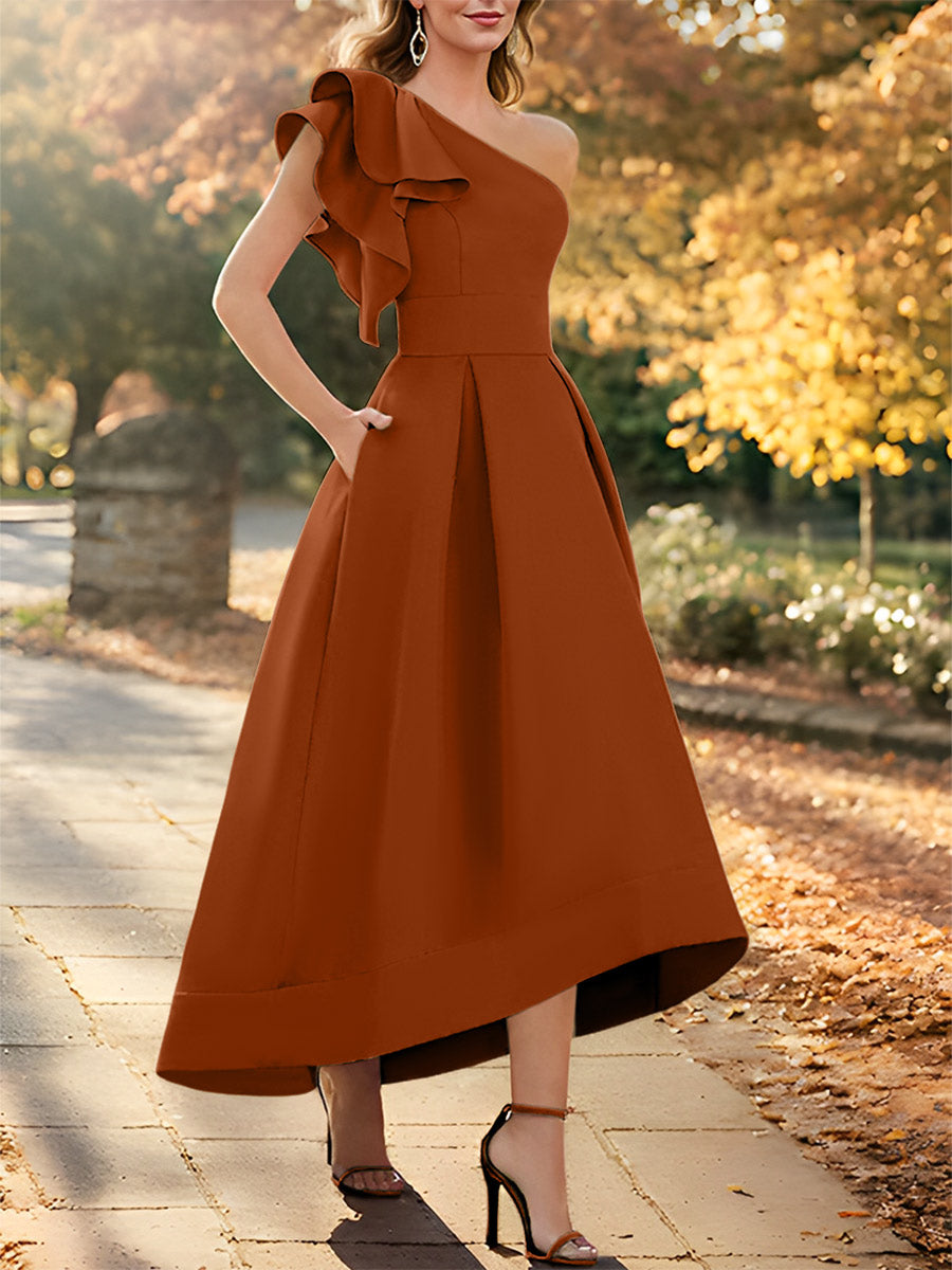 One-Shoulder Asymmetrical A-Line Princess Dress for the Mother of the Bride Sleeveless with Ruffles