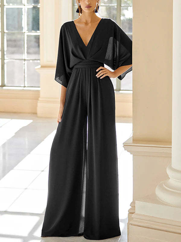 Mother of the Bride V-Neck Chiffon Pantsuit Featuring Pockets