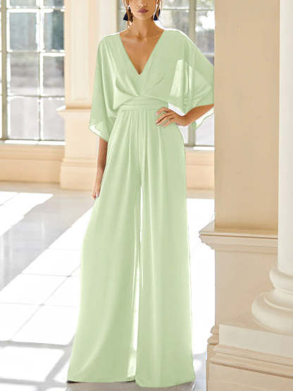 Mother of the Bride V-Neck Chiffon Pantsuit Featuring Pockets