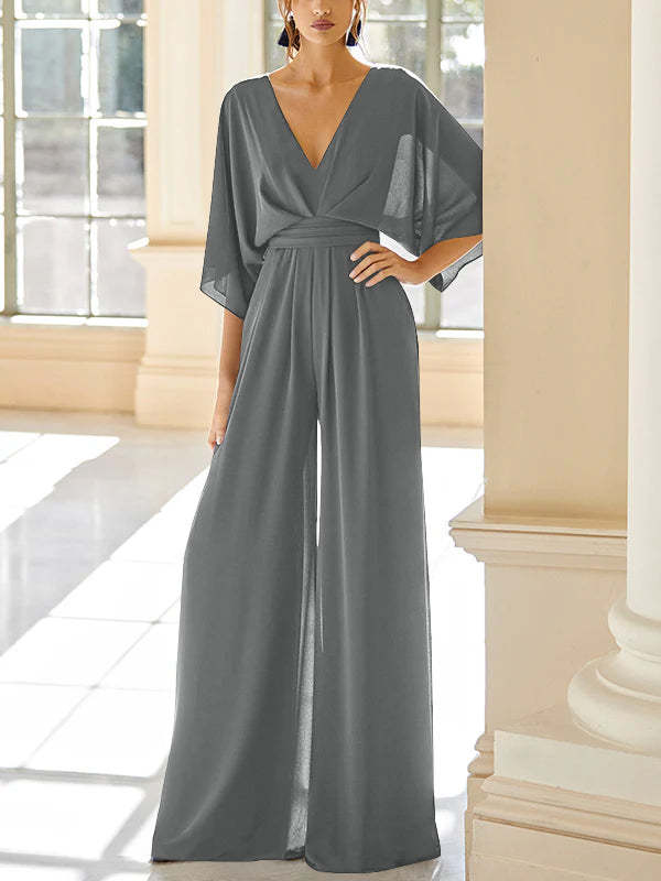 Mother of the Bride V-Neck Chiffon Pantsuit Featuring Pockets