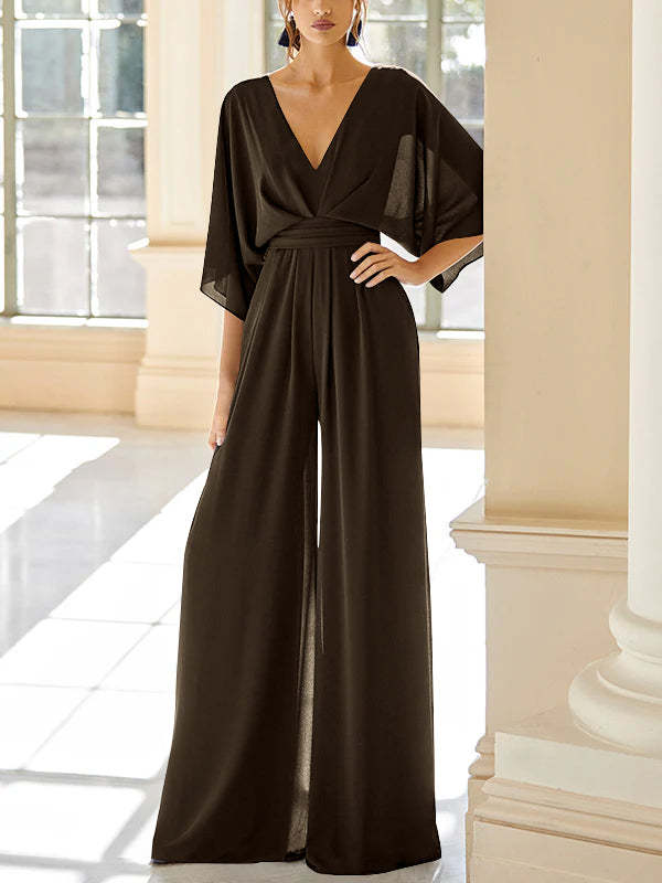 Mother of the Bride V-Neck Chiffon Pantsuit Featuring Pockets