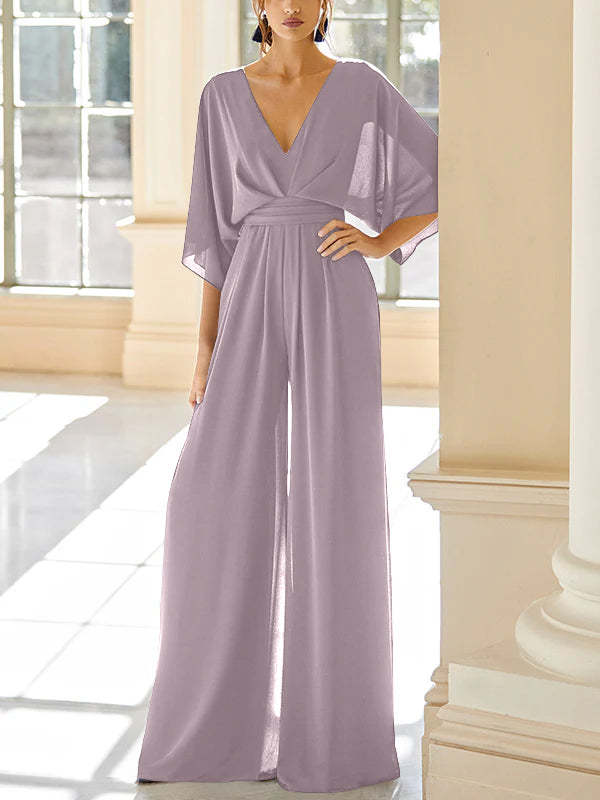 Mother of the Bride V-Neck Chiffon Pantsuit Featuring Pockets