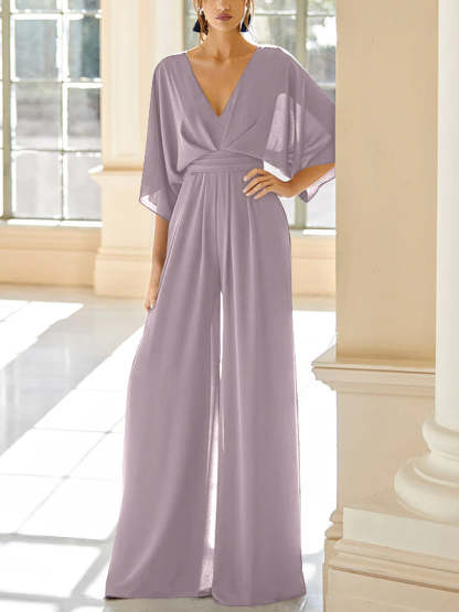 Mother of the Bride V-Neck Chiffon Pantsuit Featuring Pockets