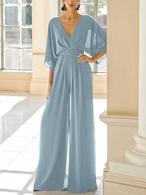 Mother of the Bride V-Neck Chiffon Pantsuit Featuring Pockets