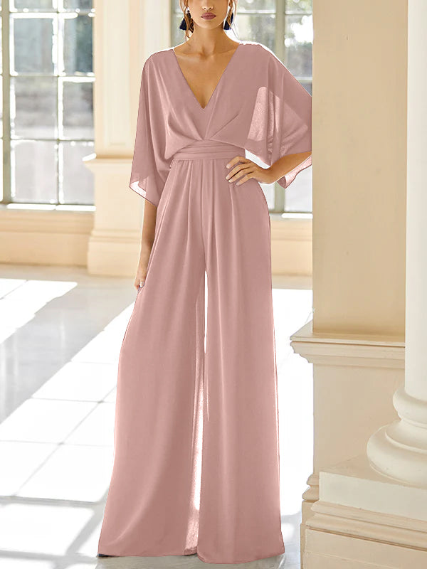 Mother of the Bride V-Neck Chiffon Pantsuit Featuring Pockets