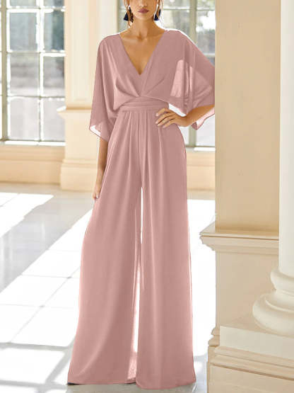 Mother of the Bride V-Neck Chiffon Pantsuit Featuring Pockets