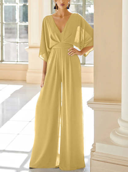 Mother of the Bride V-Neck Chiffon Pantsuit Featuring Pockets