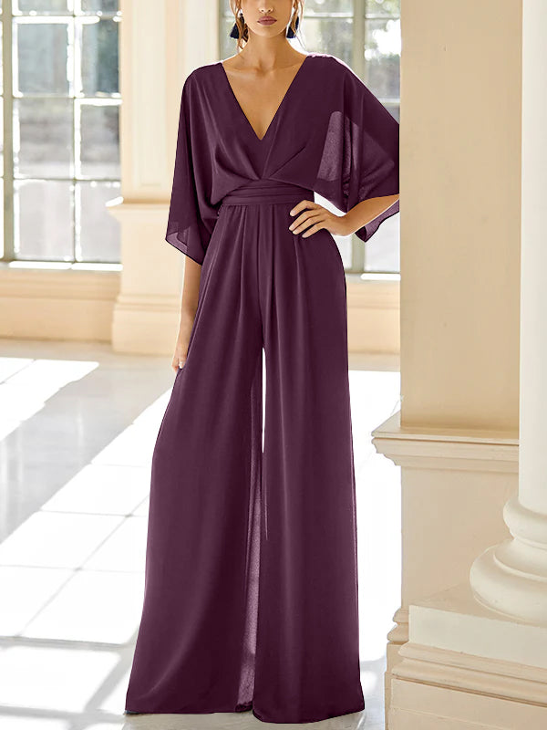Mother of the Bride V-Neck Chiffon Pantsuit Featuring Pockets